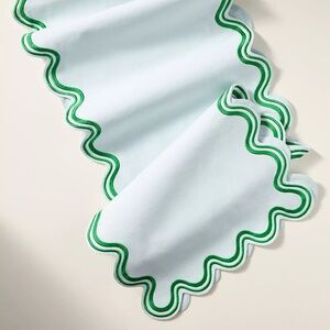 Anthropologie NWOT Madeline Embroidered Table Runner scalloped 16" x 90" cotton